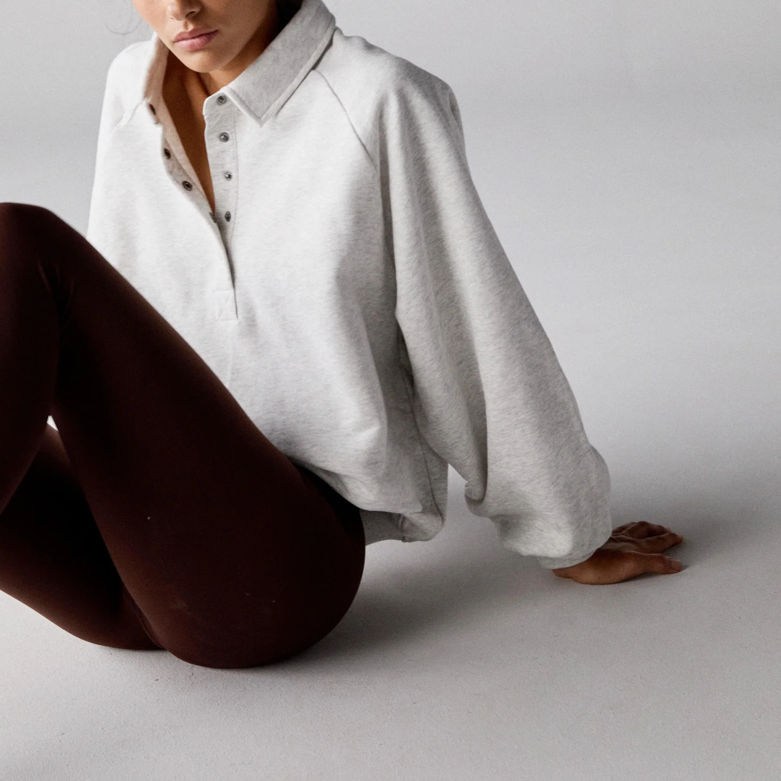 Slouchy Button‑Front Polo Collar Sweatshirt