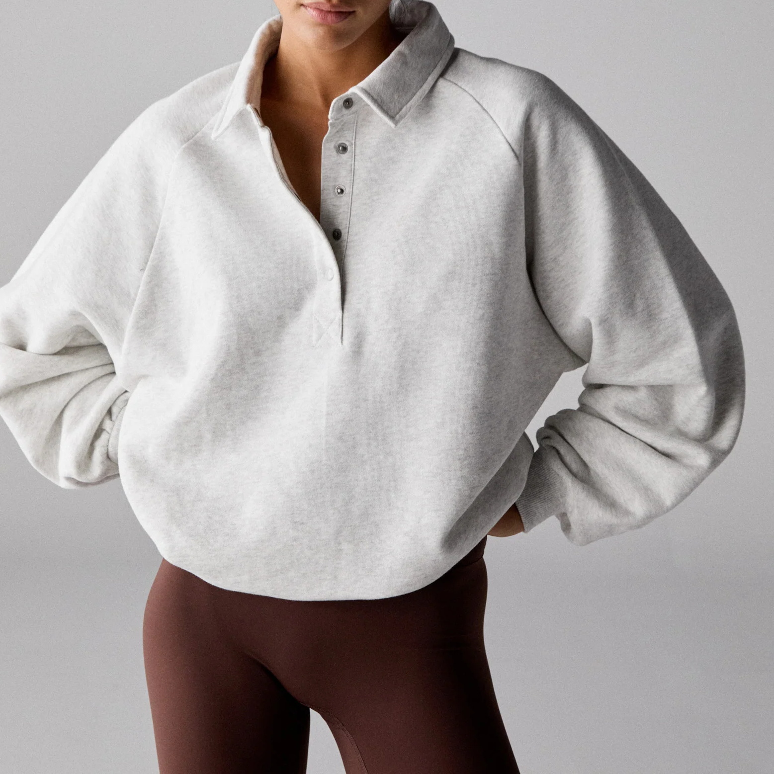 Slouchy Button‑Front Polo Collar Sweatshirt