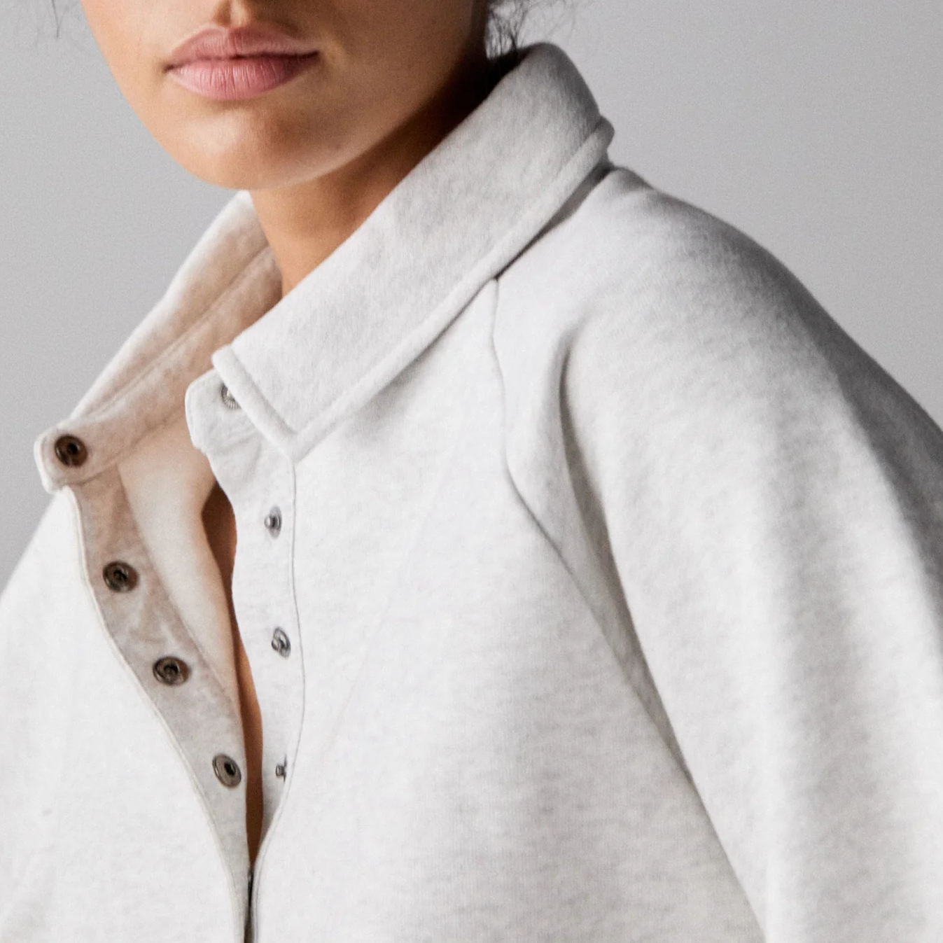 Slouchy Button‑Front Polo Collar Sweatshirt
